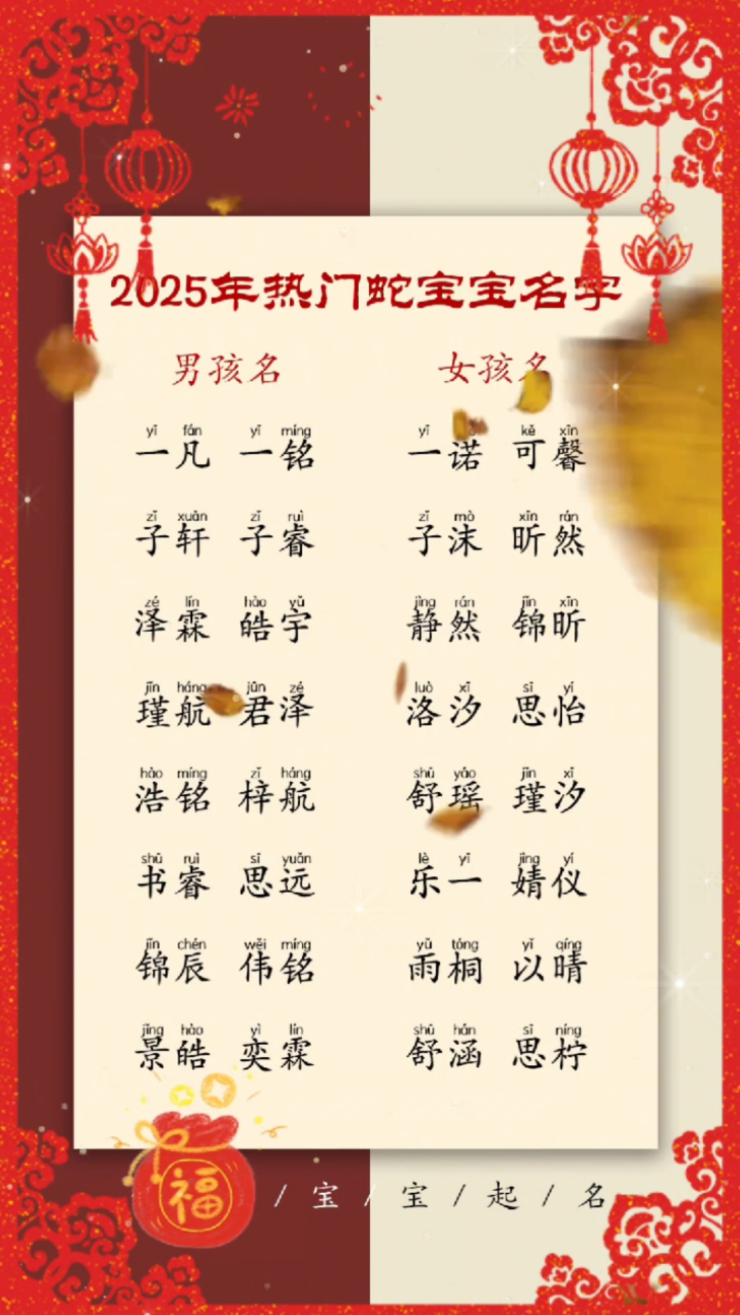 2025年屬蛇寶寶起名宜用字如“思、念、慧”等